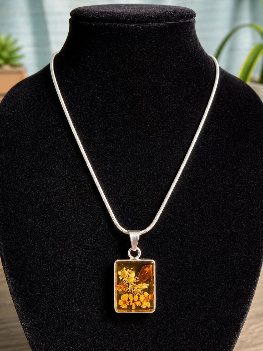 925 Stamped Botanical Resin Pendant Necklace – Amber-Tone Floral Design